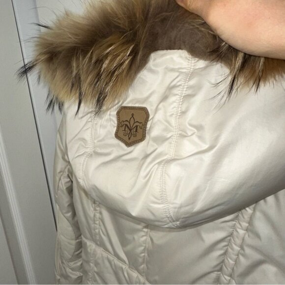 Mackage Cream Mid-length Down WOOL Leather Puffer jacket Coat with Fur Hood sz S - Picture 10 of 15